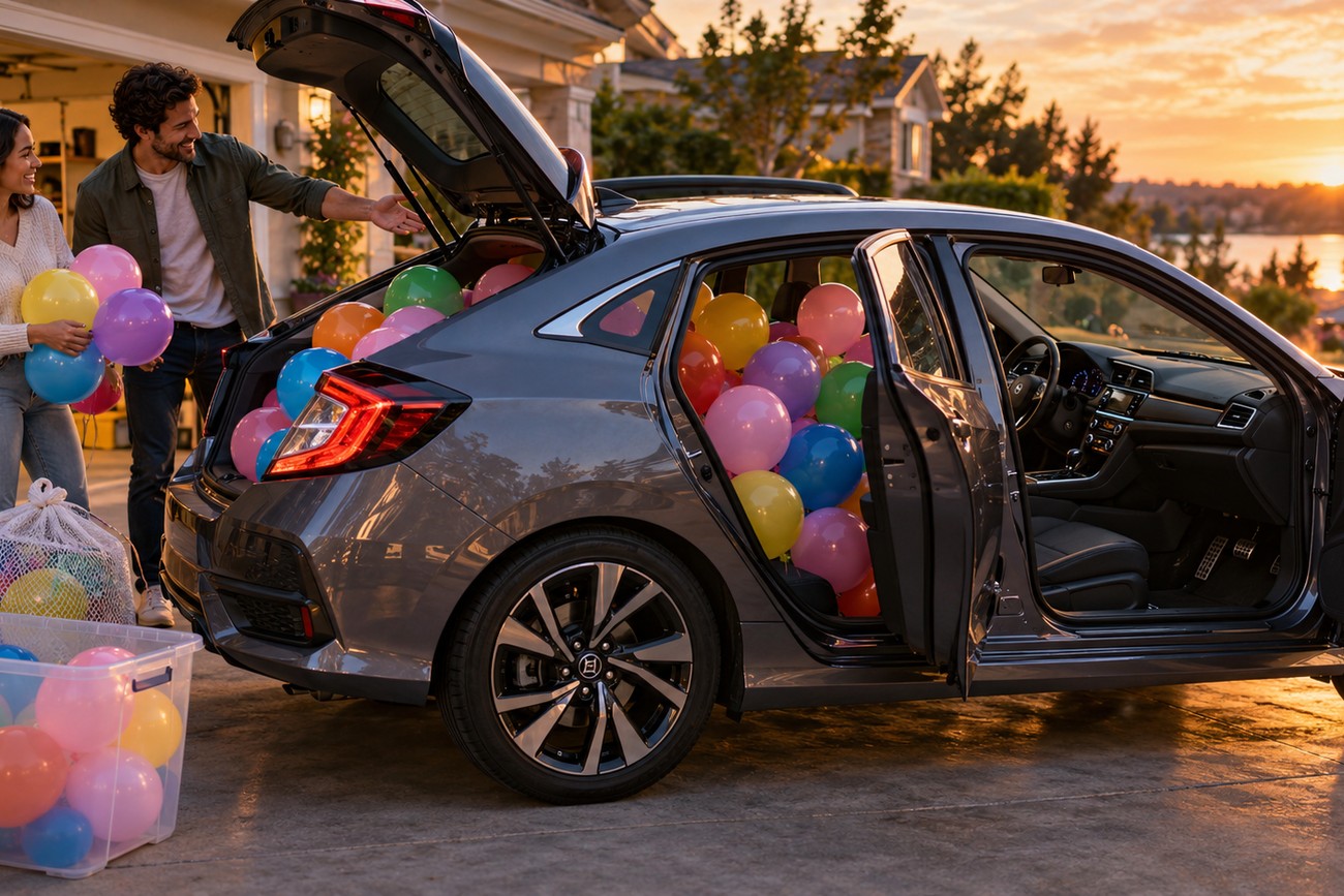 A smiling couple looking into a gray Honda Civic filled with colorful birthday balloons in a driveway