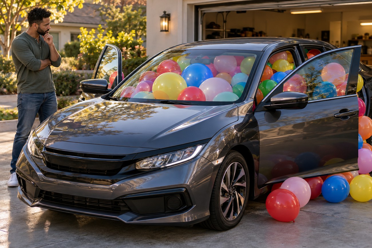 A surprised man standing next to his dark gray Honda Civic packed to the brim with colorful birthday balloons