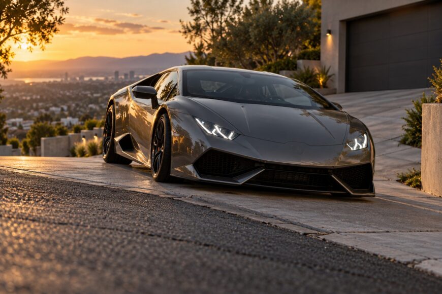 A grey Lamborghini Huracan parked on a steep concrete driveway in front of a modern garage during sunset