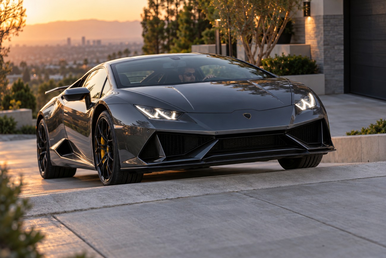 Dark grey Lamborghini Huracan driving on a steep concrete driveway near a modern house at sunset