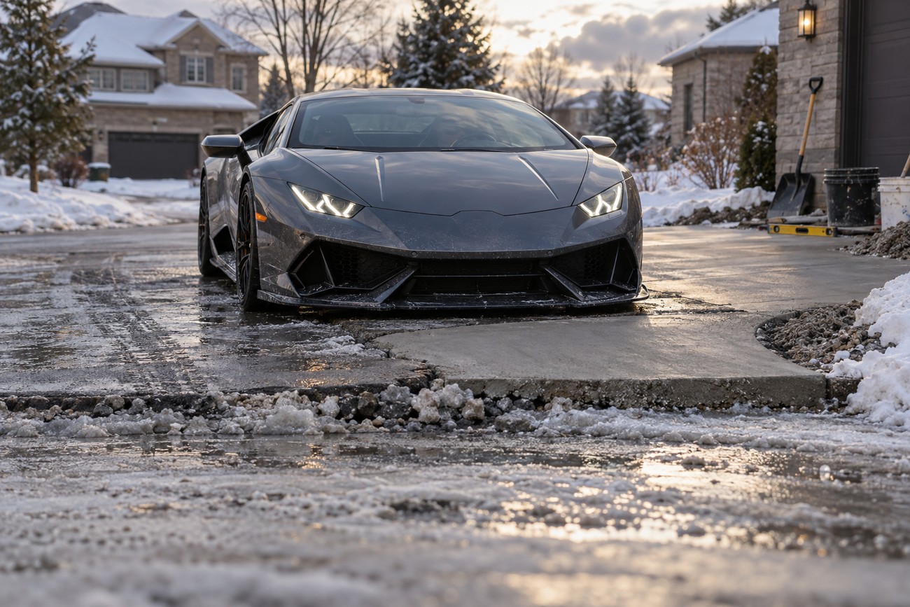 A grey Lamborghini Huracan facing a steep and icy residential driveway during winter