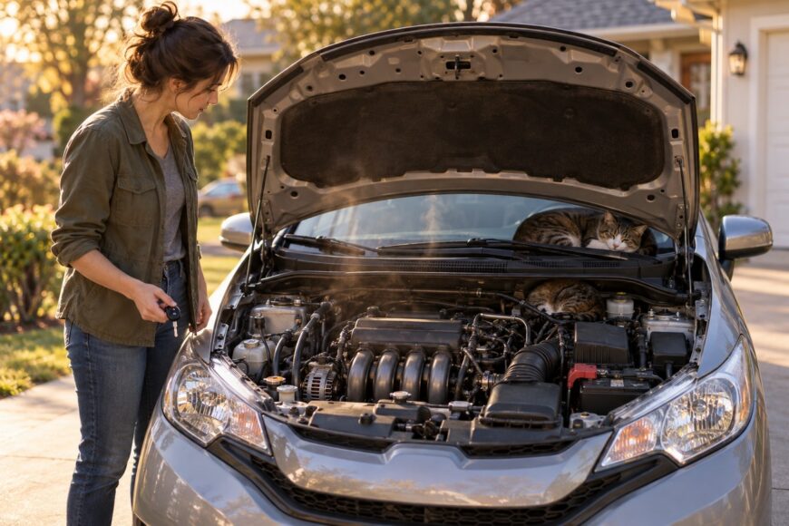 A woman standing next to a silver Honda Fit with the hood open, looking at a tabby cat sleeping in the engine bay