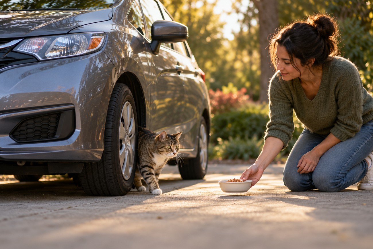 A woman kneeling on the pavement beside a gray Honda Fit and putting down a bowl of food for a cat near the front wheel
