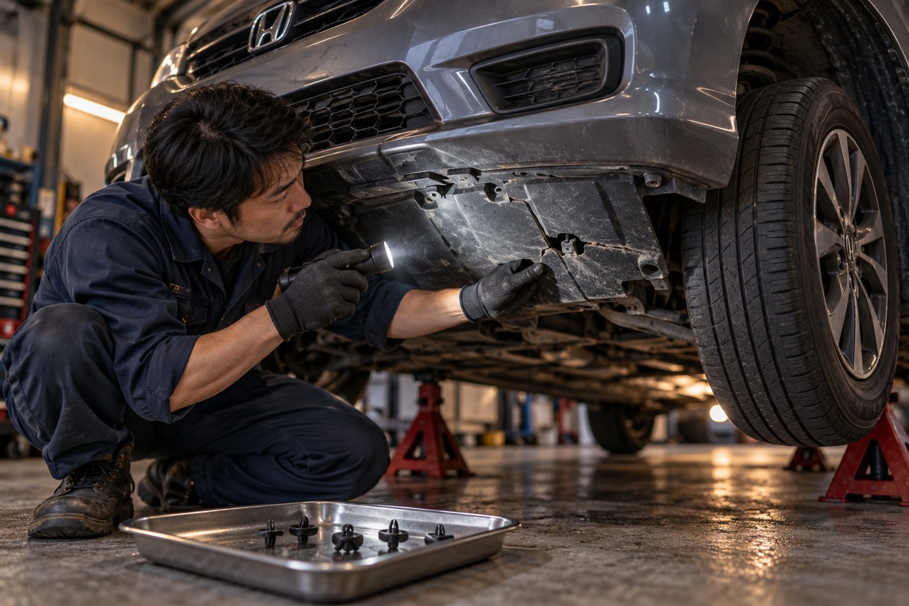 Mechanic with a flashlight inspecting the undercarriage of a grey Honda Fit raised on jack stands in a workshop