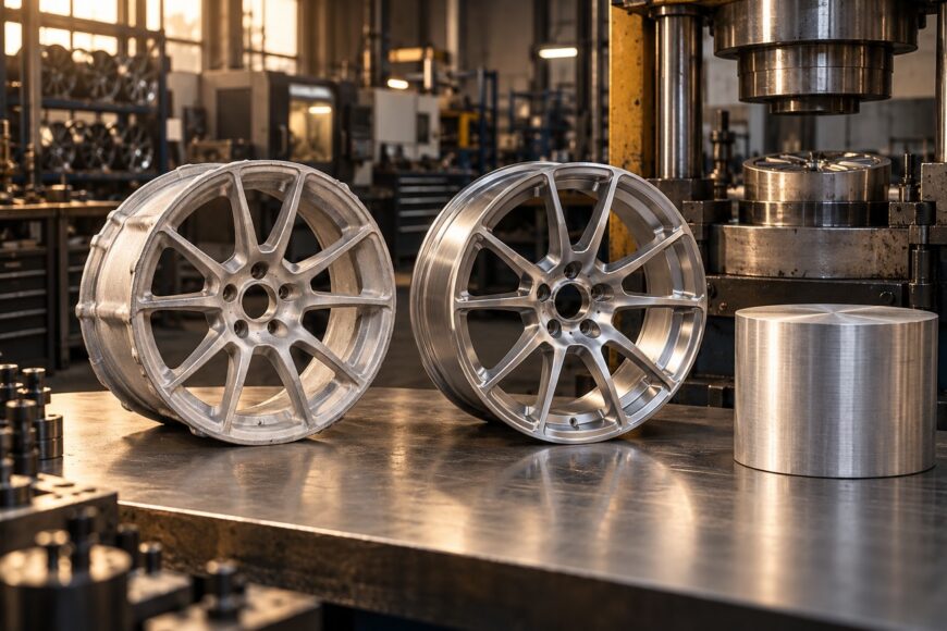 A raw cast alloy wheel blank and a machined forged wheel standing on a metal workbench in a manufacturing plant