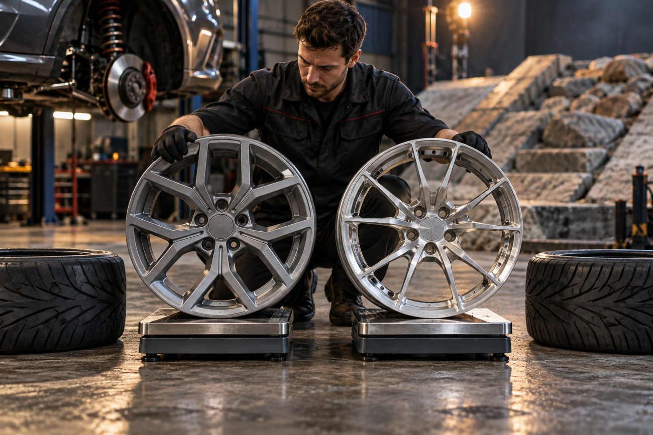 A mechanic comparing forged and cast alloy wheels by placing them on digital scales in a workshop