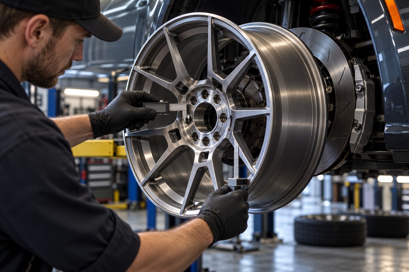 A mechanic wearing black gloves uses calipers to measure dimensions of a silver alloy wheel in an auto repair shop