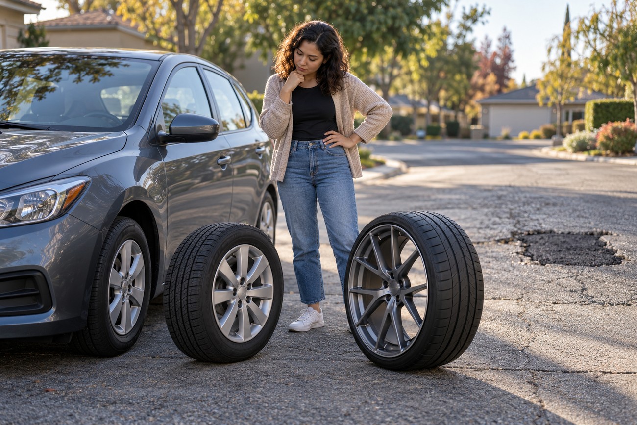 A woman standing on a street next to a car, comparing a cast alloy wheel and a forged alloy wheel with tires
