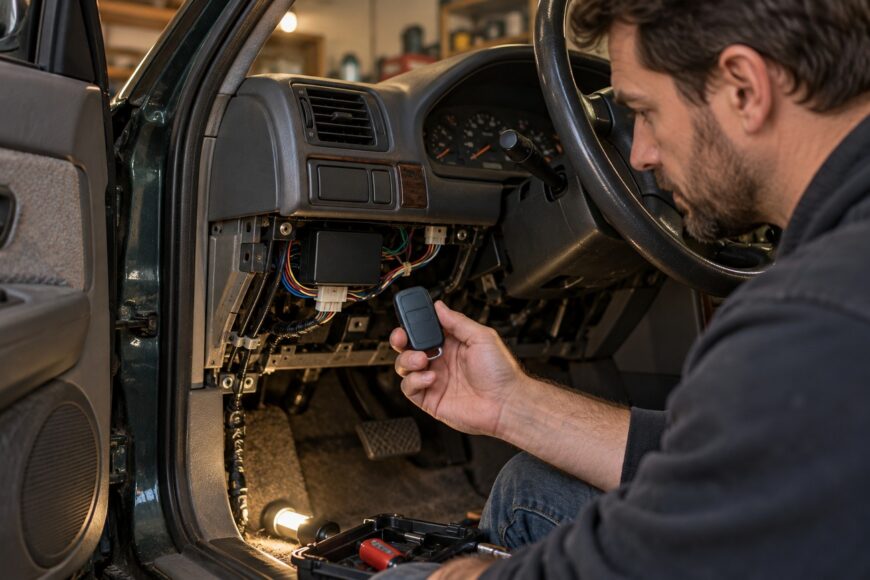 Mechanic installing a keyless entry add-on system by wiring a control module under a car dashboard