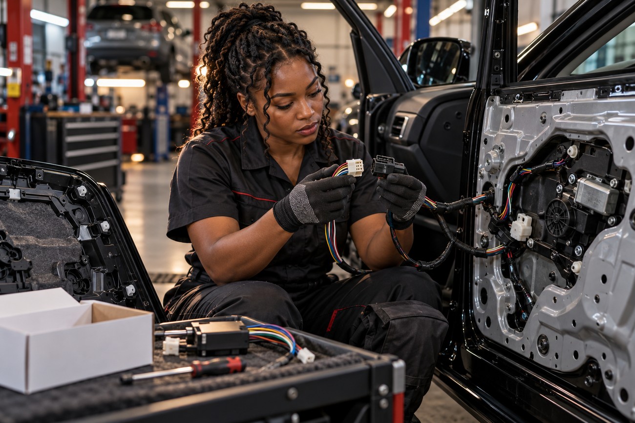 Female mechanic connecting wires while installing a keyless entry system inside a car door panel