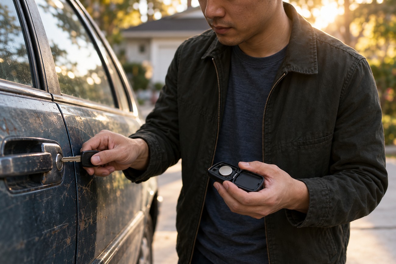 A man standing next to a car door holding a key fob and inserting a physical key into the lock