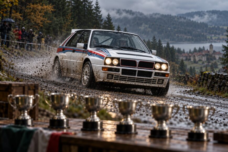 A white Lancia Delta Integrale Evo rally car driving fast through a muddy mountain stage behind six shiny trophies