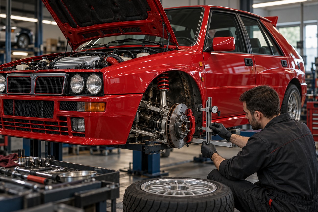 A mechanic in black overalls uses a specialized alignment tool on the front suspension of a red Lancia Delta Integrale Evo raised on a lift in a workshop