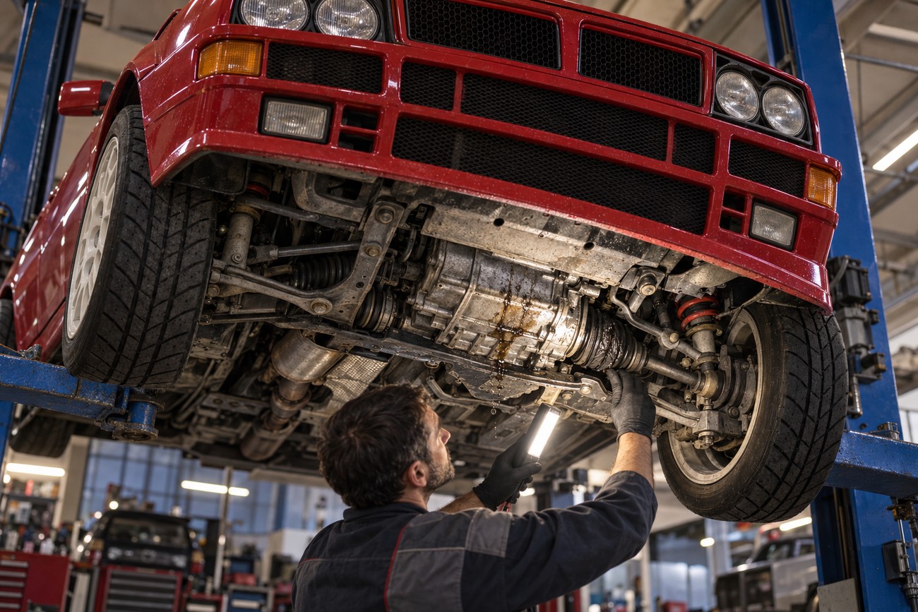 A mechanic holding a flashlight and inspecting the undercarriage of a red Lancia Delta Integrale Evo lifted on a hydraulic hoist in a workshop