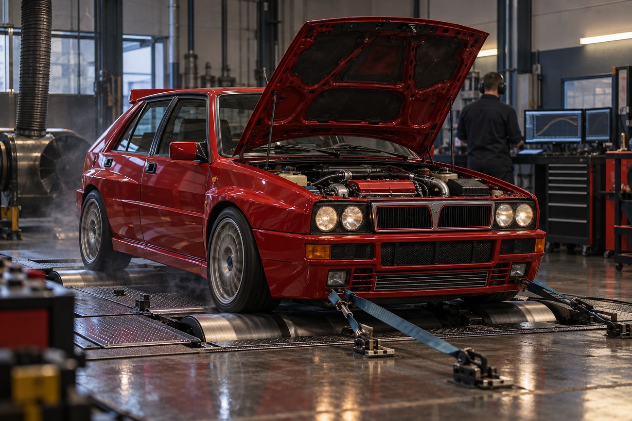 Red Lancia Delta Integrale Evo secured on a dynamometer with its hood open inside a tuning workshop