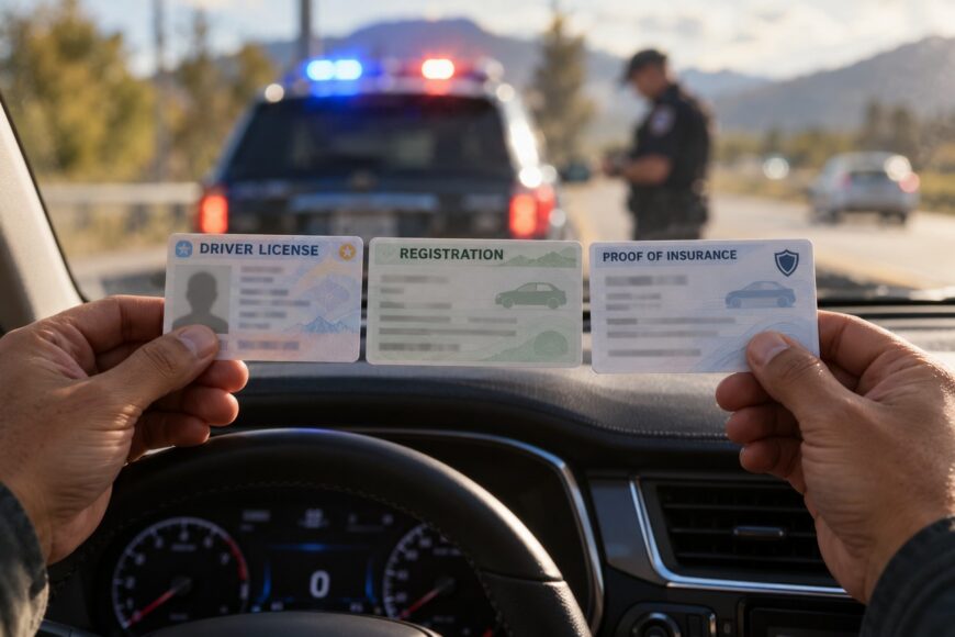 Driver holding a driver license, vehicle registration, and proof of insurance in a car while a police car with flashing lights is parked behind