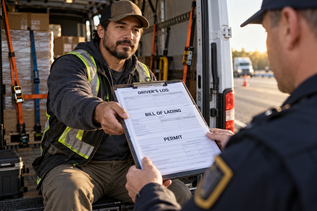 A commercial van driver in a high visibility vest handing a clipboard with logistics paperwork to a police officer