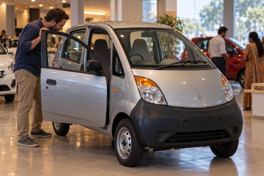 A man looking into the open door of a silver Tata Nano parked inside a car showroom