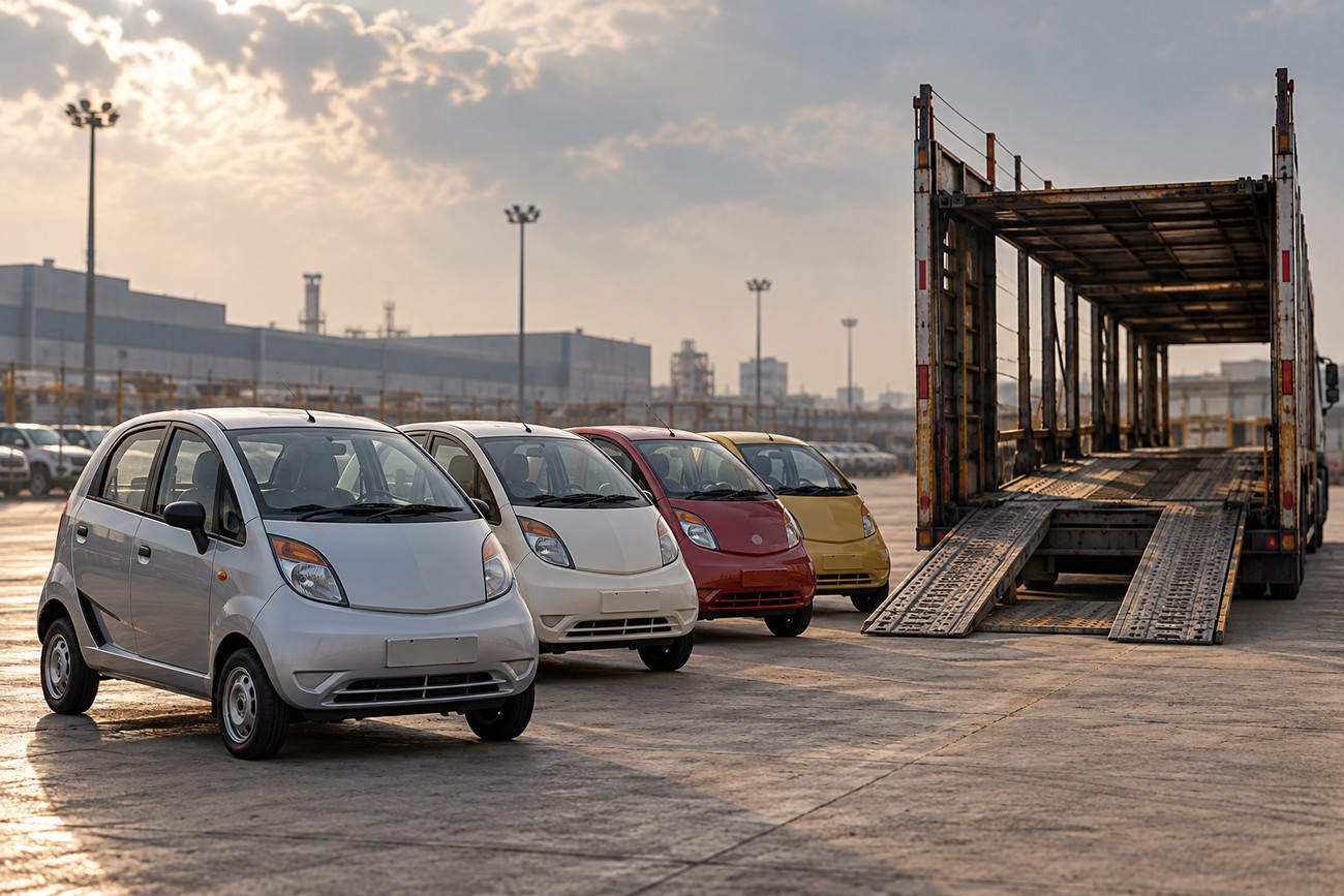Several colorful Tata Nano cars parked in a lot next to an empty car transport truck