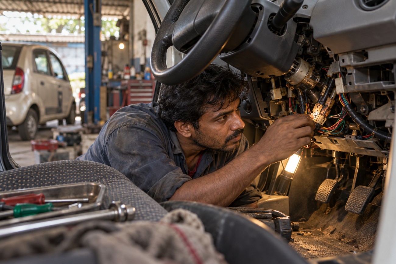 Mechanic working on the wiring and electrical system under the dashboard of a Tata Nano car in a repair shop