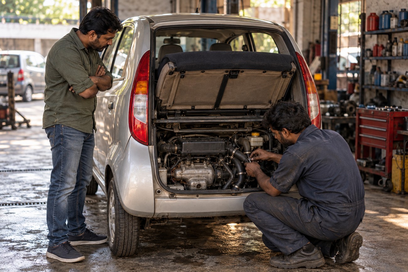 Mechanic repairing the rear engine of a silver Tata Nano hatchback while a man watches in a repair shop