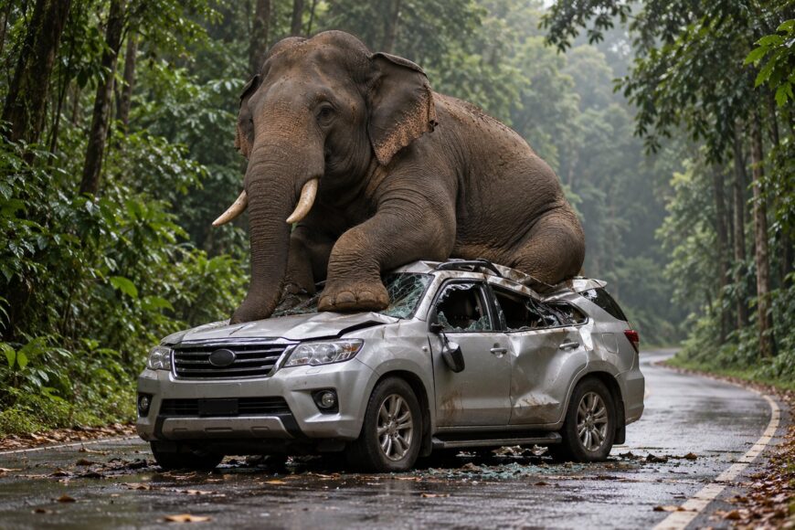 A large elephant sitting on the crushed roof of a silver Toyota Fortuner parked on a wet tropical forest road