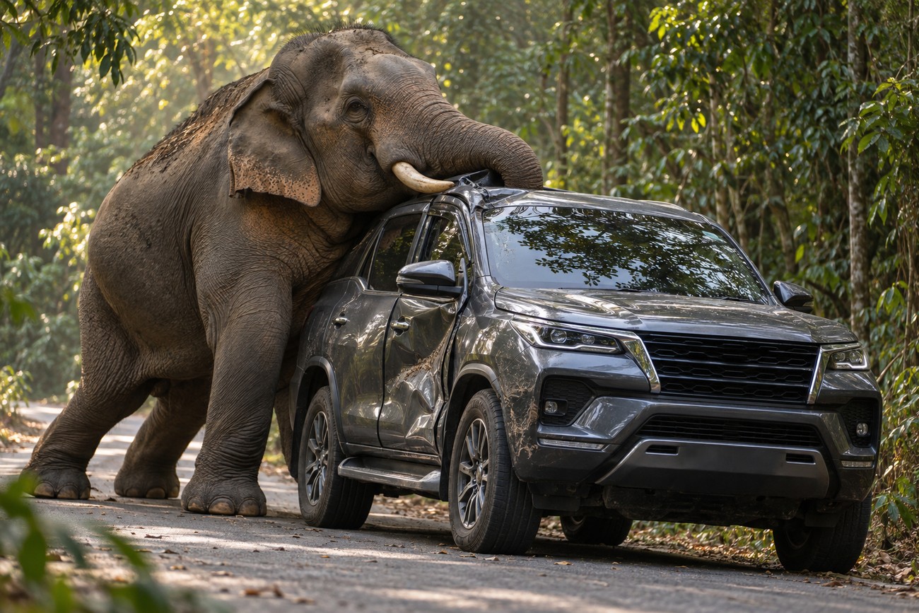 A large elephant leaning its heavy body and trunk onto the roof of a grey Toyota Fortuner parked on a forest road