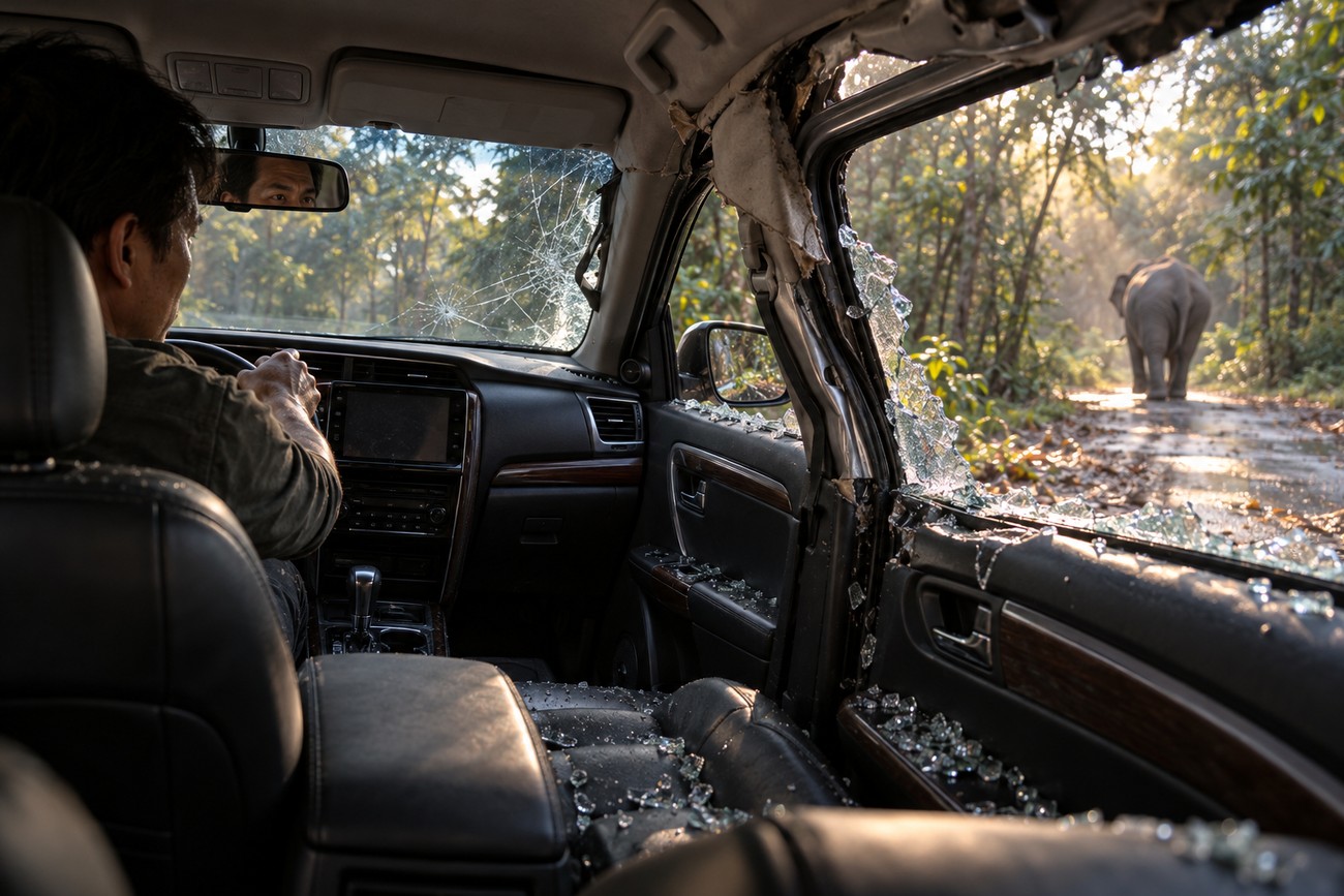 Driver sitting inside a heavily damaged Toyota Fortuner with shattered windows while an elephant walks away in a forest
