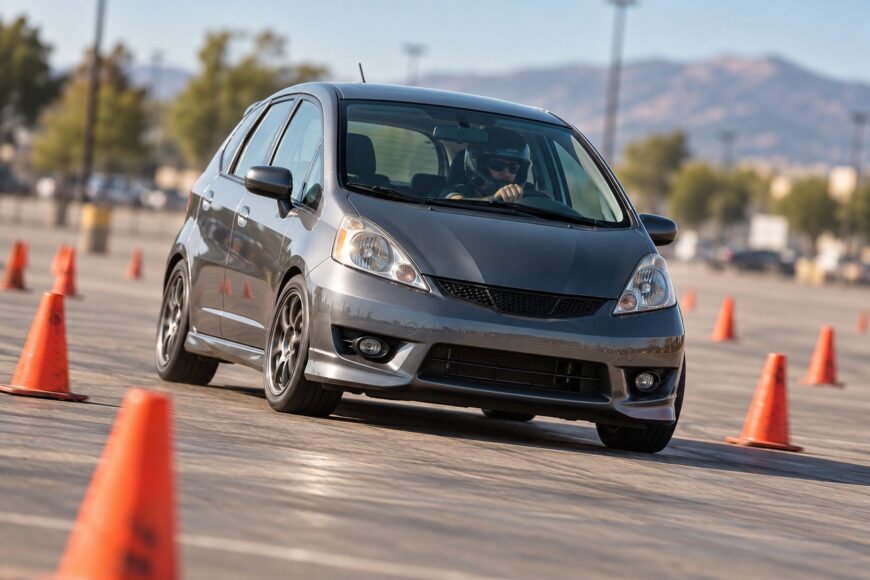 A grey Honda Fit hatchback turning sharply around orange traffic cones on an autocross course