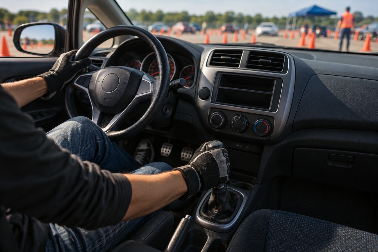 Driver wearing racing gloves holding the steering wheel and gear shifter inside a Honda Fit at an autocross course