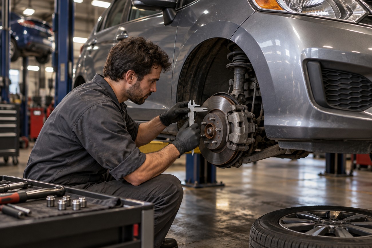 Mechanic wearing black gloves uses a metal caliper to measure the brake rotor of a grey Honda Fit parked in a garage