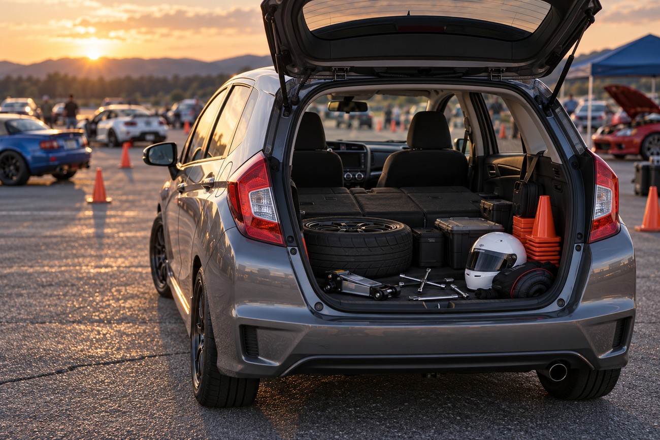 Open trunk of a grey Honda Fit packed with a spare wheel, helmet, and tools at an autocross track
