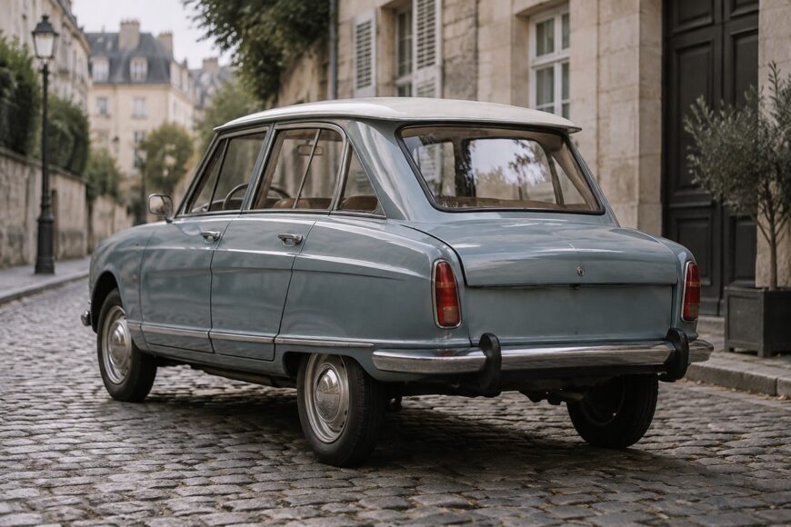 A vintage light blue Citroen Ami 6 parked on a narrow cobblestone street showcasing its unique reverse-angled rear window and classic design