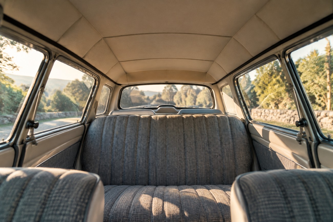 Interior view from the front seats showing the textured rear bench and windows of a classic Citroen Ami 6