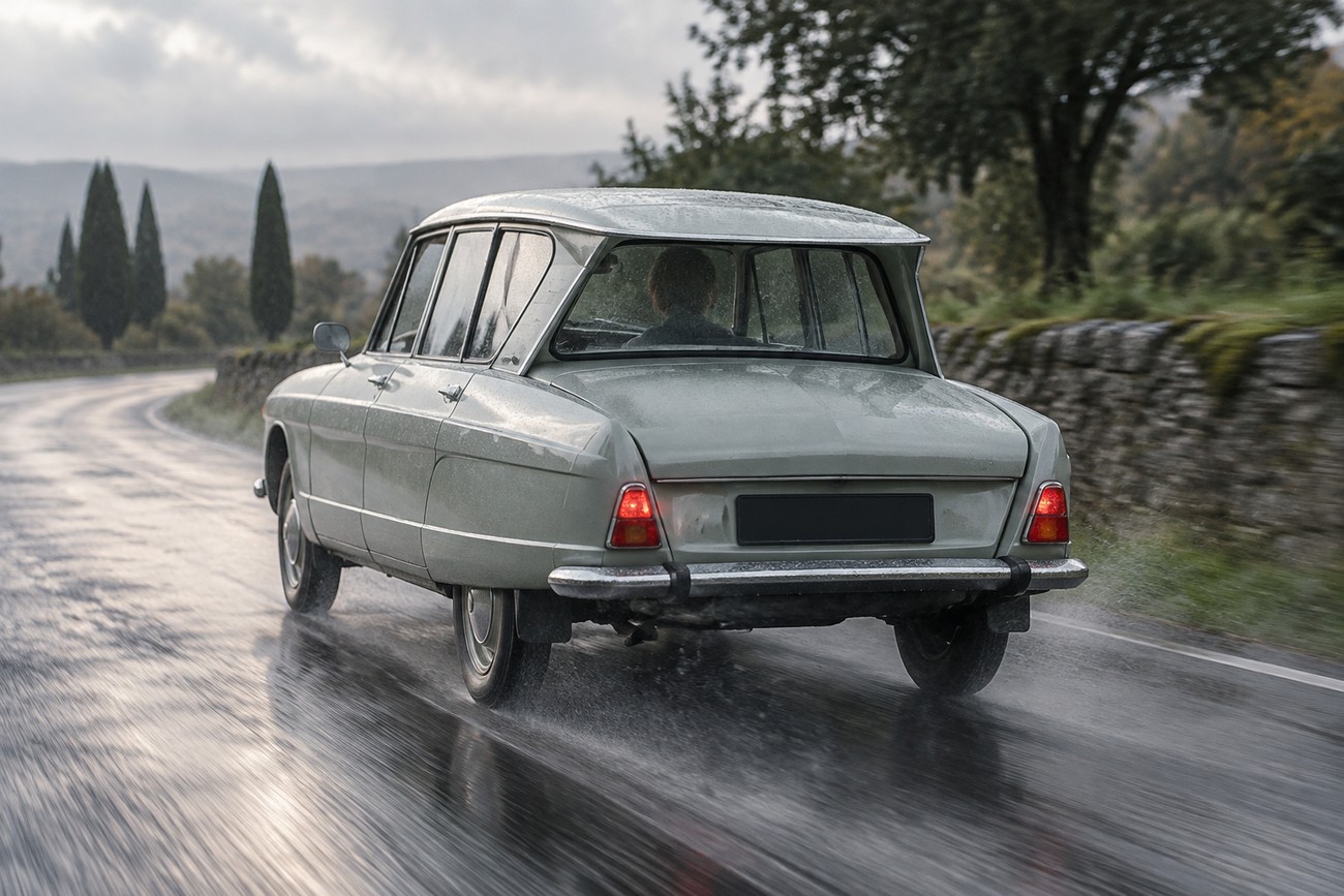 Rear view of a light-colored vintage Citroen Ami 6 driving on a wet winding road showcasing its distinctive reverse-rake rear window and sloping roofline