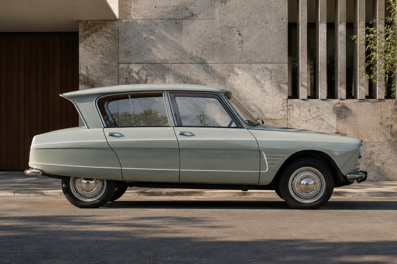 A vintage light green Citroen Ami 6 parked on a street showing its distinctive reverse-rake rear window and classic side profile against a modern architectural wall