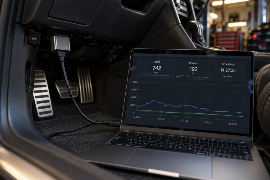 Laptop displaying live engine data graphs connected via cable to an OBD interface plugged under the car dashboard