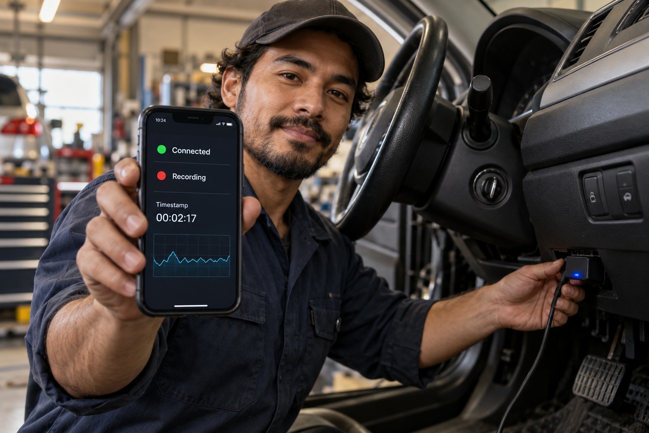 Mechanic sitting inside a car interior and holding a smartphone with an active data logging app while plugging an OBD interface into the port under the dashboard