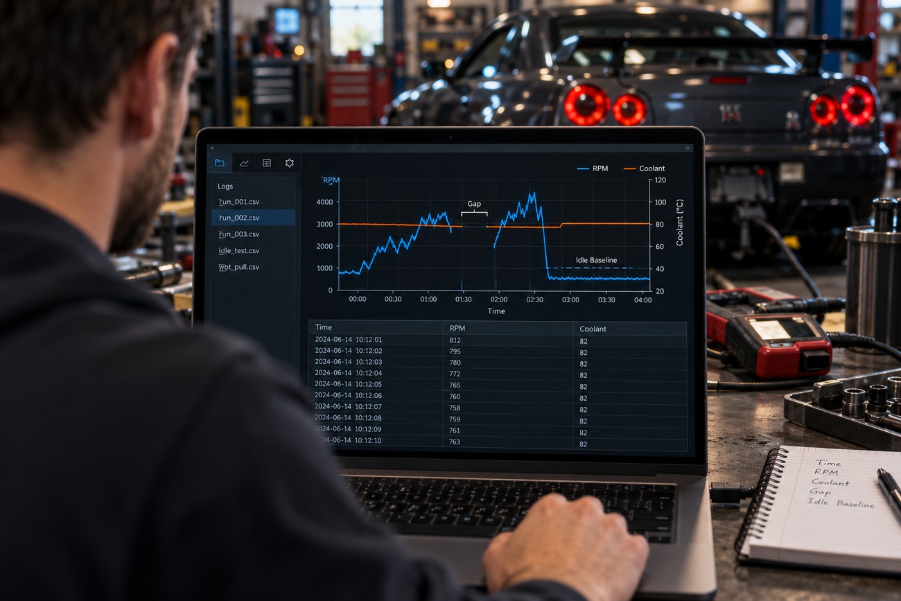 Mechanic analyzing engine performance logs and graphs on a laptop screen inside an auto repair shop