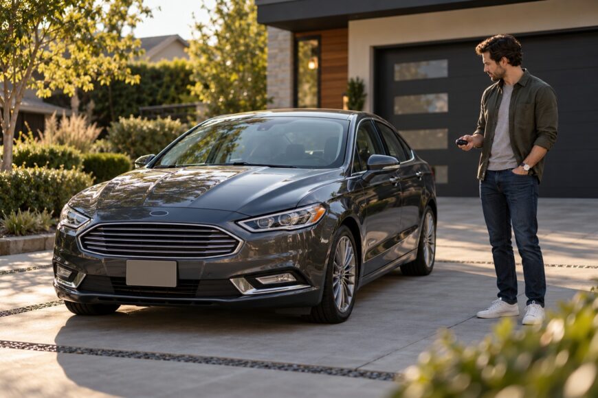 A man standing in a driveway holding a key fob next to a gray Ford Fusion sedan