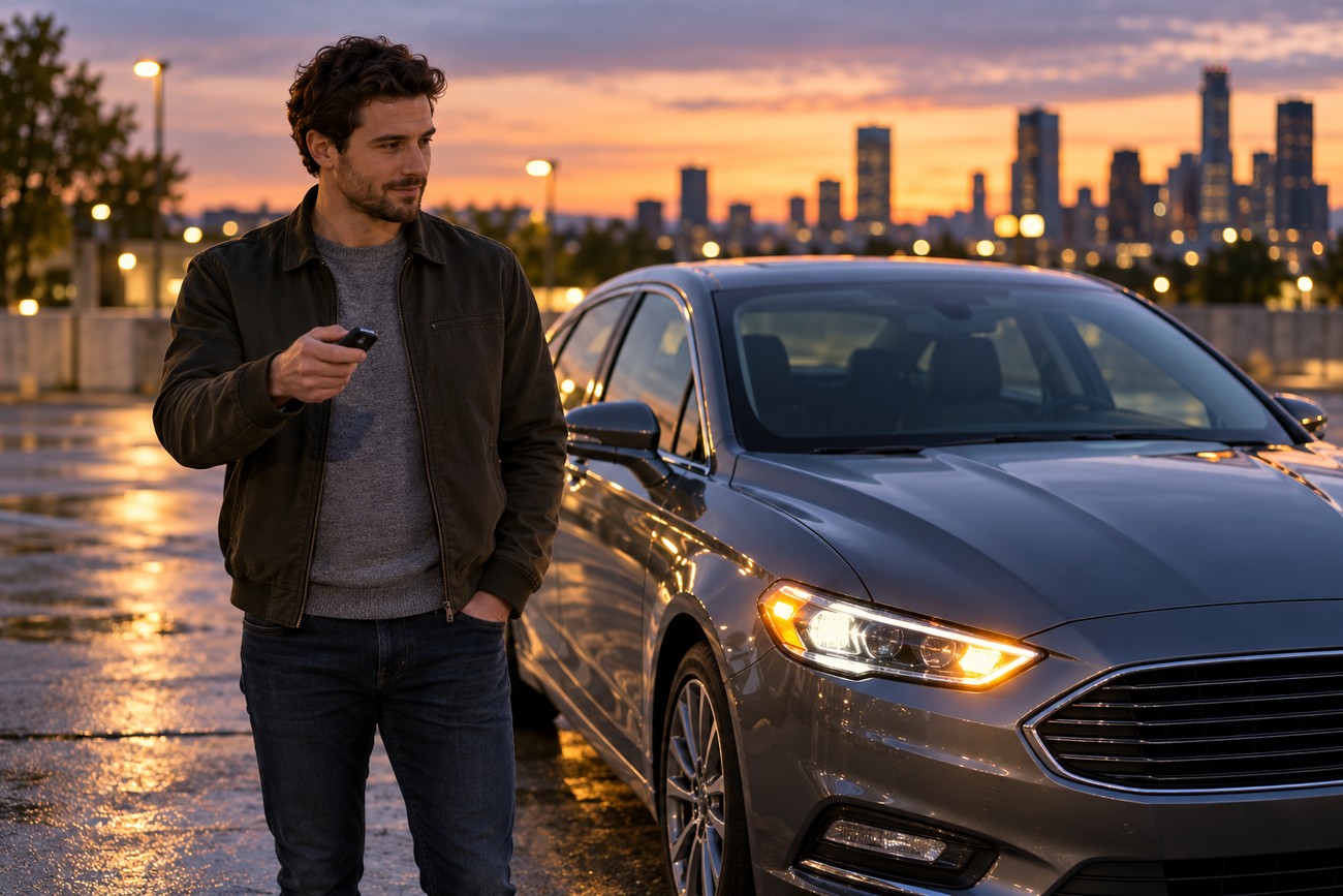 A man holding a key fob standing next to a gray Ford Fusion with illuminated headlights on a city parking lot at sunset