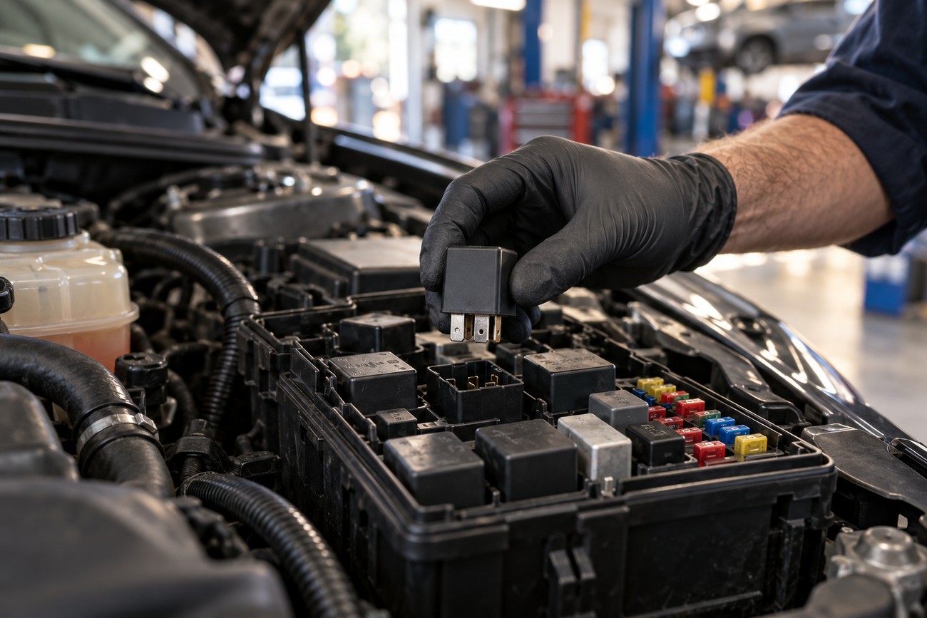 A mechanic wearing black gloves holding a relay above the fuse box in a Ford Fusion engine bay