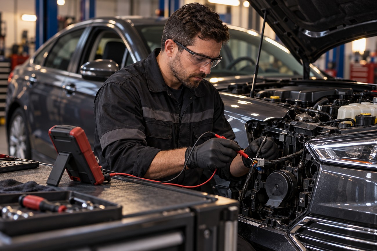 Mechanic wearing safety glasses and black gloves using a multimeter to test electrical wiring near the horn assembly of a Ford Fusion in a repair shop