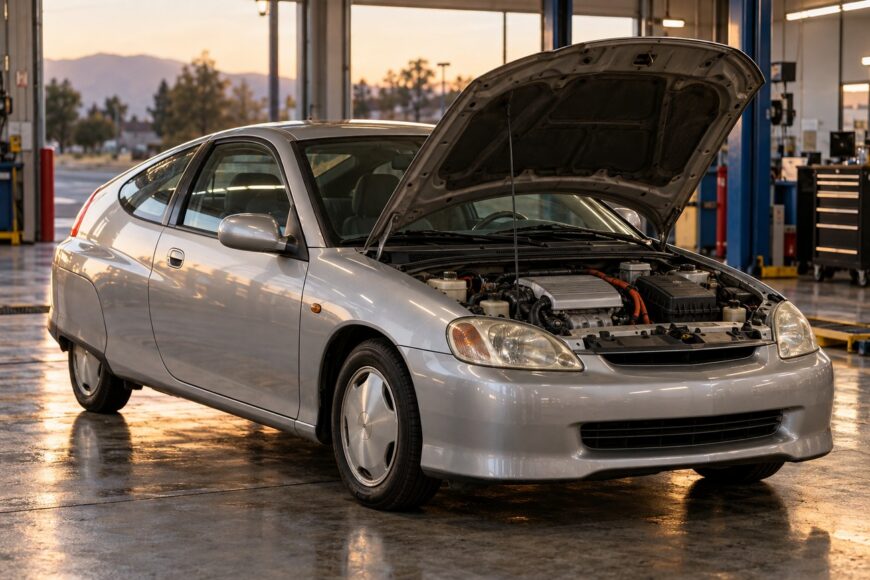 Silver Honda Insight G1 hybrid car with open hood parked inside a brightly lit auto repair garage