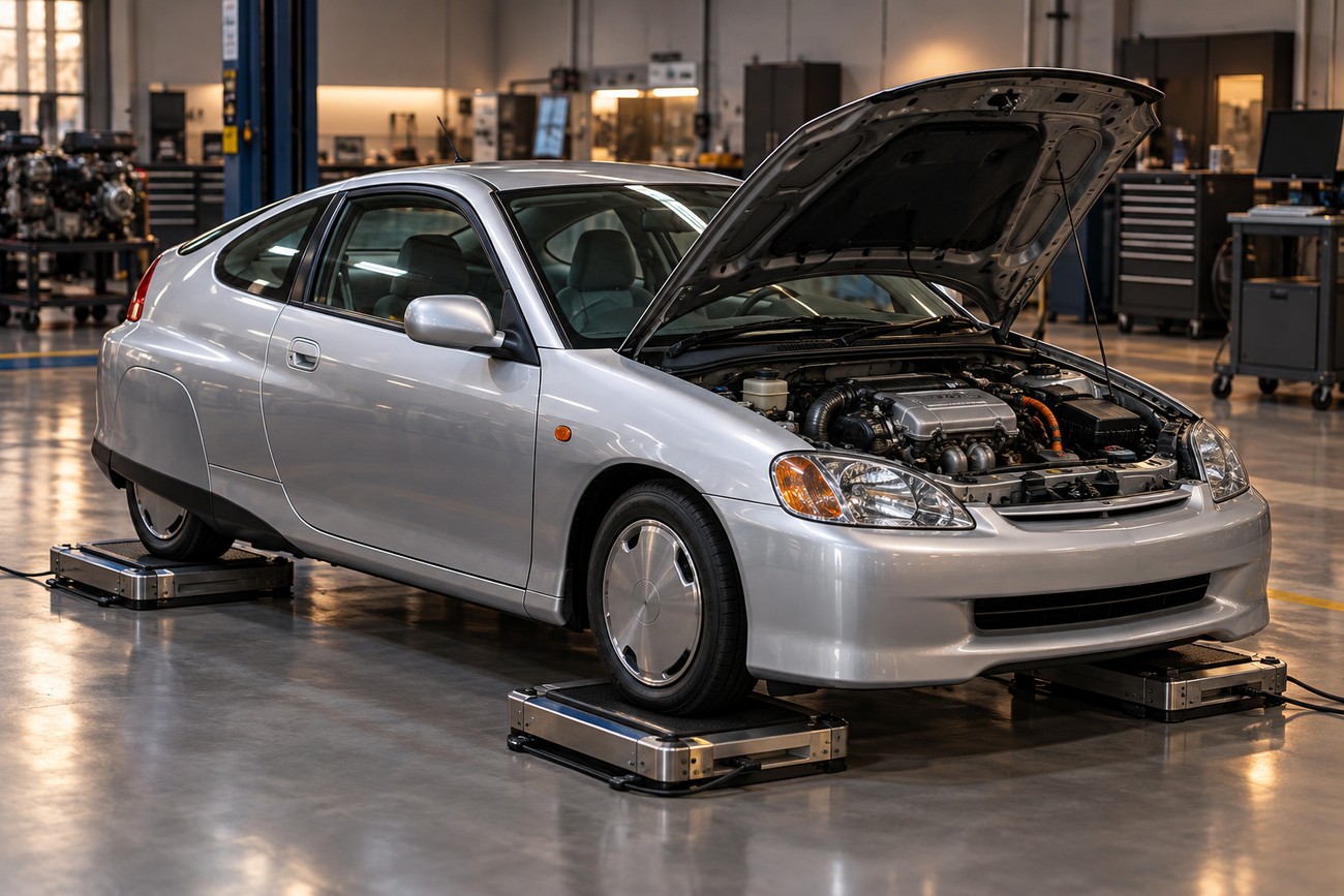 Silver Honda Insight G1 hybrid car with open hood parked on scales inside an automotive repair shop