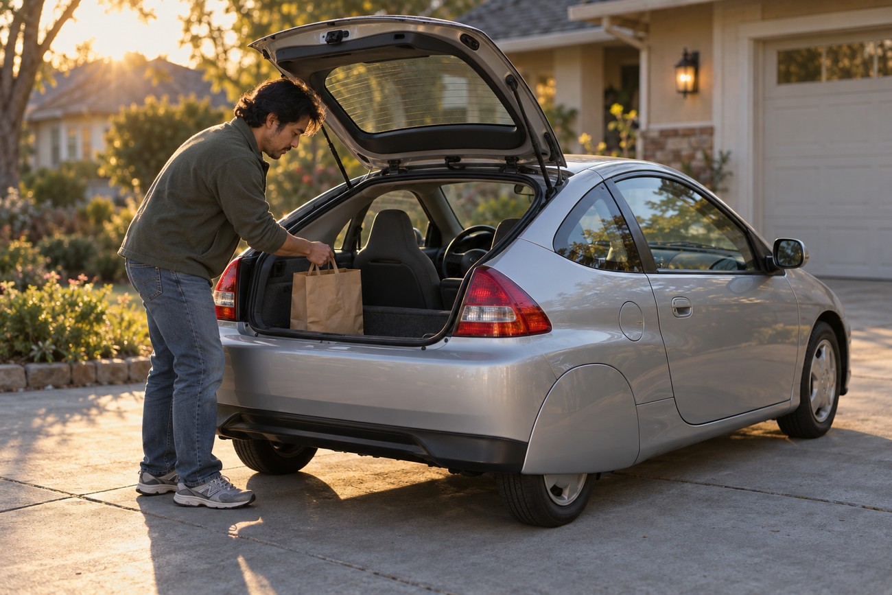 A man loading a paper shopping bag into the open trunk of a silver Honda Insight G1 hybrid car in a residential driveway