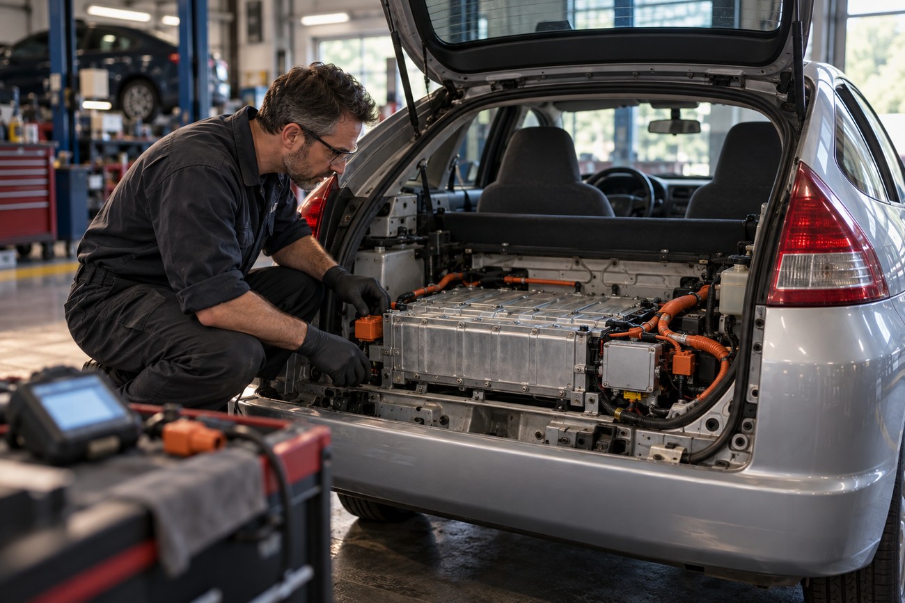 A mechanic in black uniform inspects the hybrid battery pack in the open trunk of a silver Honda Insight G1 aluminum hybrid car