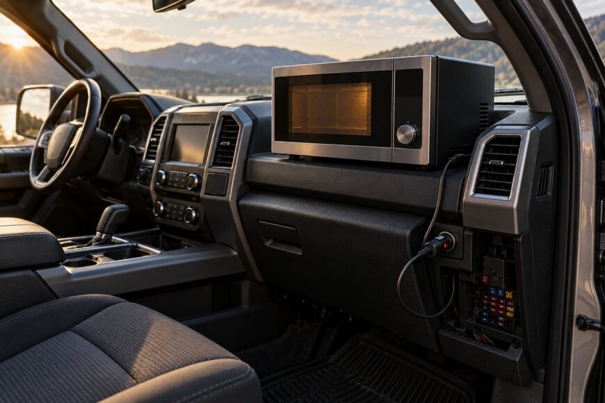 A compact microwave oven sits on the dashboard of a Ford F-150 truck interior connected to a power outlet