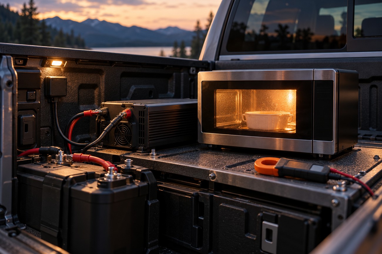 A compact microwave operating inside the bed of a Ford F-150 connected to a power inverter and battery bank at sunset