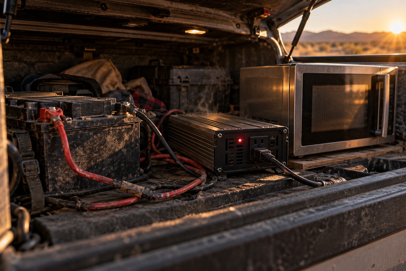 A microwave and power inverter connected to a battery inside the truck bed of a Ford F-150 at sunset